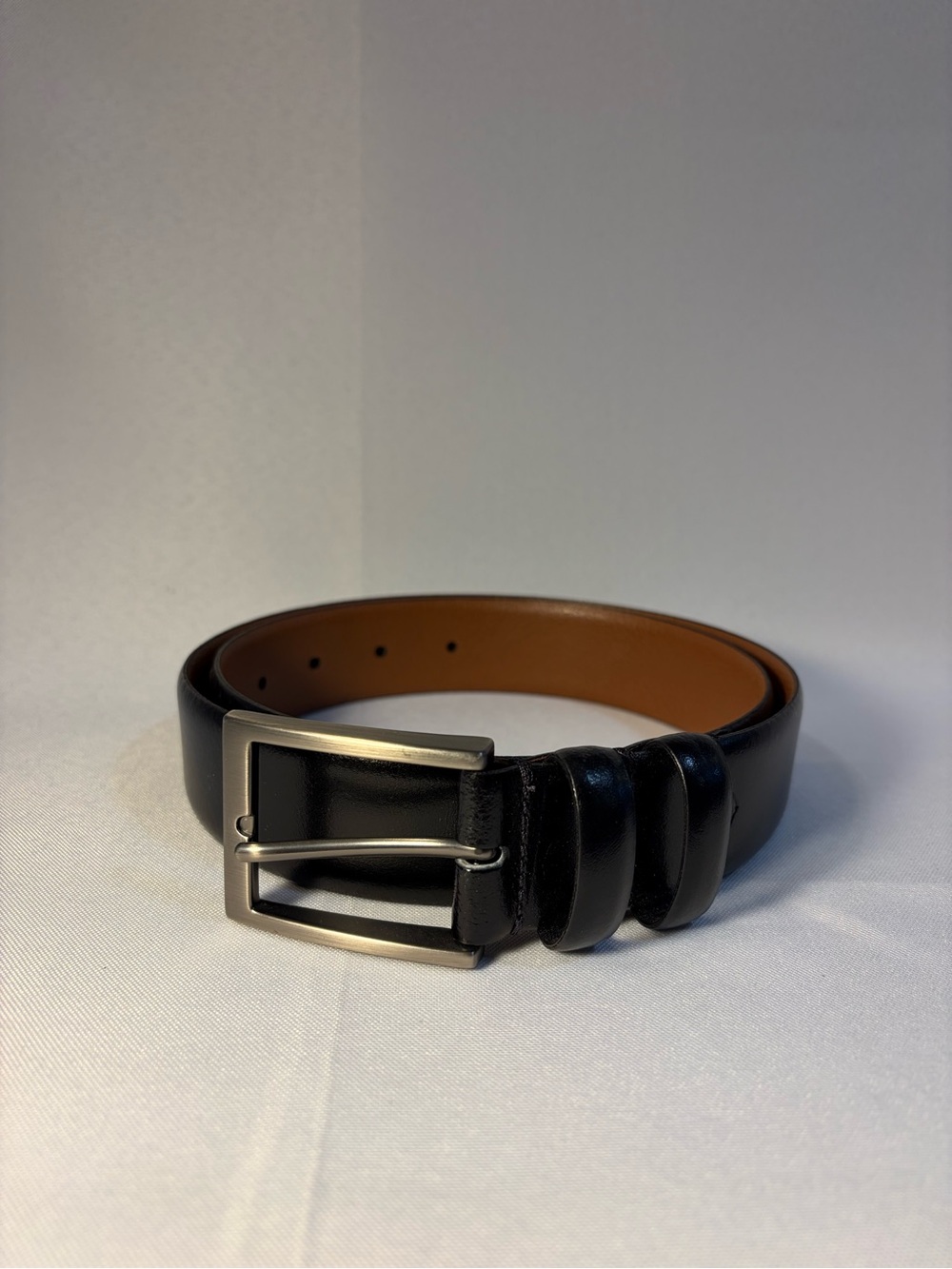 Joseph Abboud Black Leather Belt with Matte Silver Buckle
